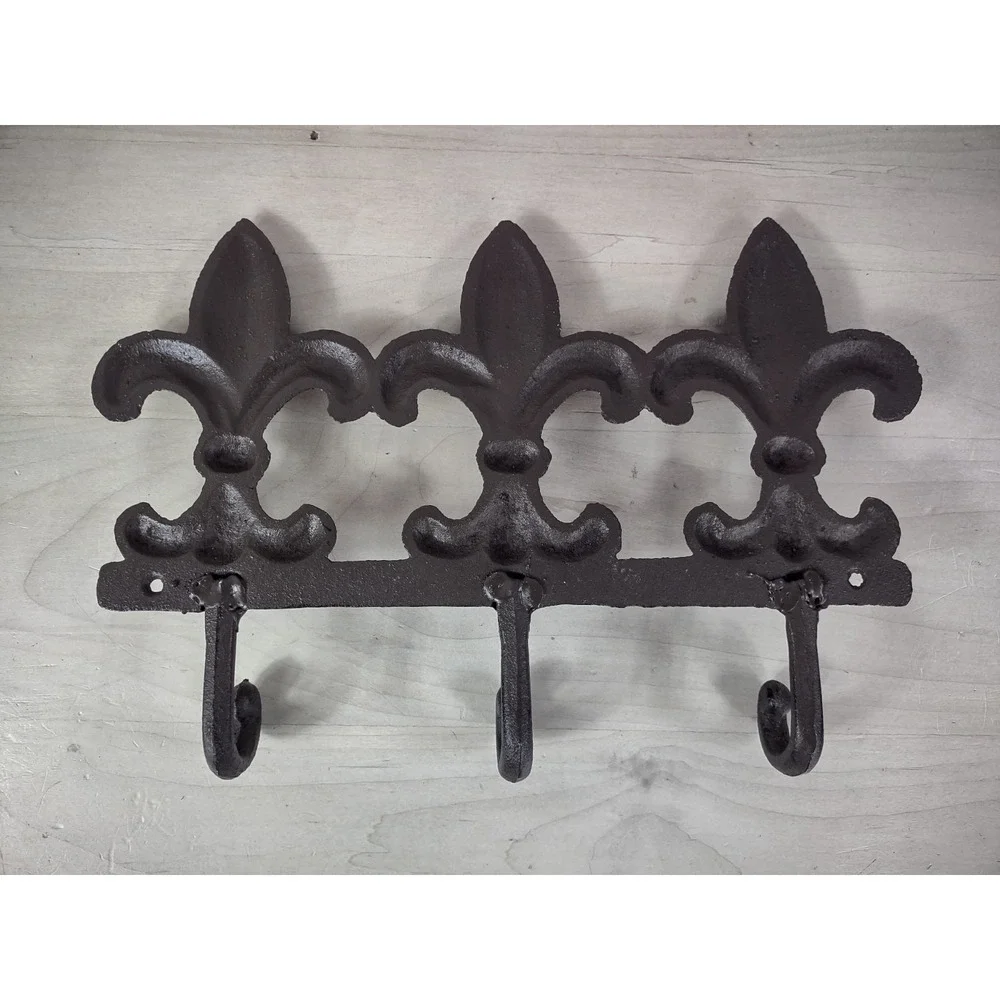 Fleur De Lis Scroll Triple Wall Hook Coat Rack Key Towel Brown Cast Iron